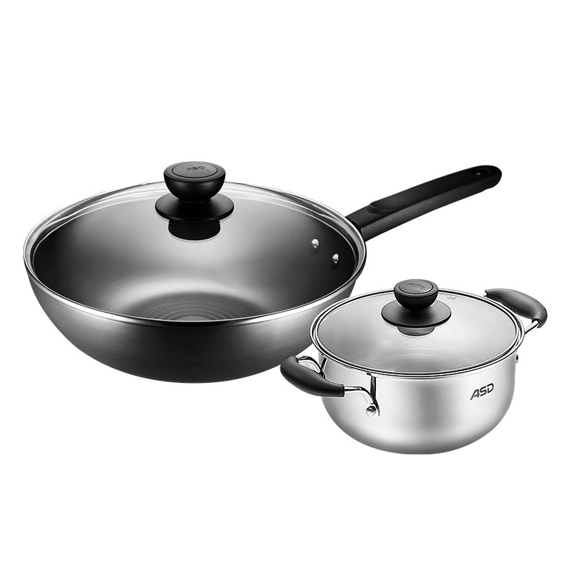 爱仕达(ASD)家用厨房炒锅汤锅带盖不易锈2件套PH02A3WG套装锅天然气电磁炉通用