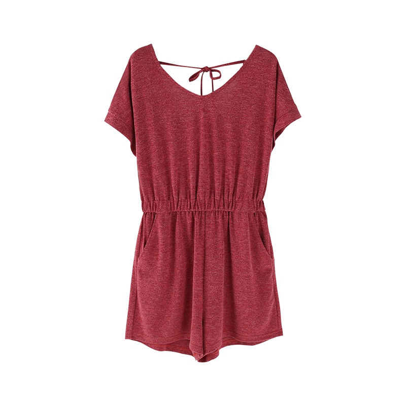 安之伴短袖睡衣女夏时尚连体衣短裤性感露背红色休闲可外穿家居服