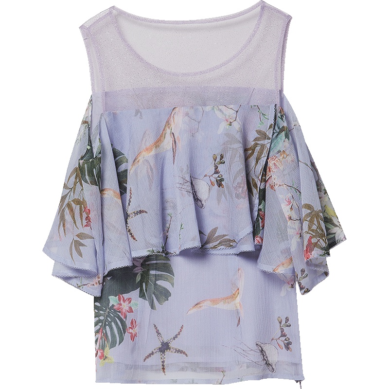 马克华菲女装2019夏装新款无袖印花雪纺衫露肩度假风衬衫女夏