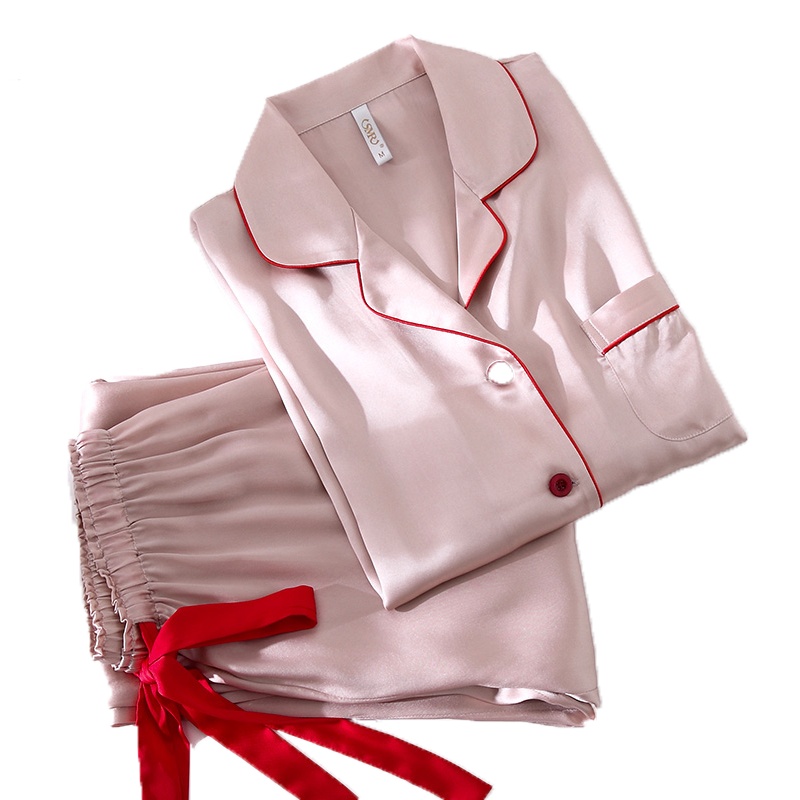 珊目尔新款真丝睡衣女两件套装蕾丝优雅长袖桑蚕丝绸家居服