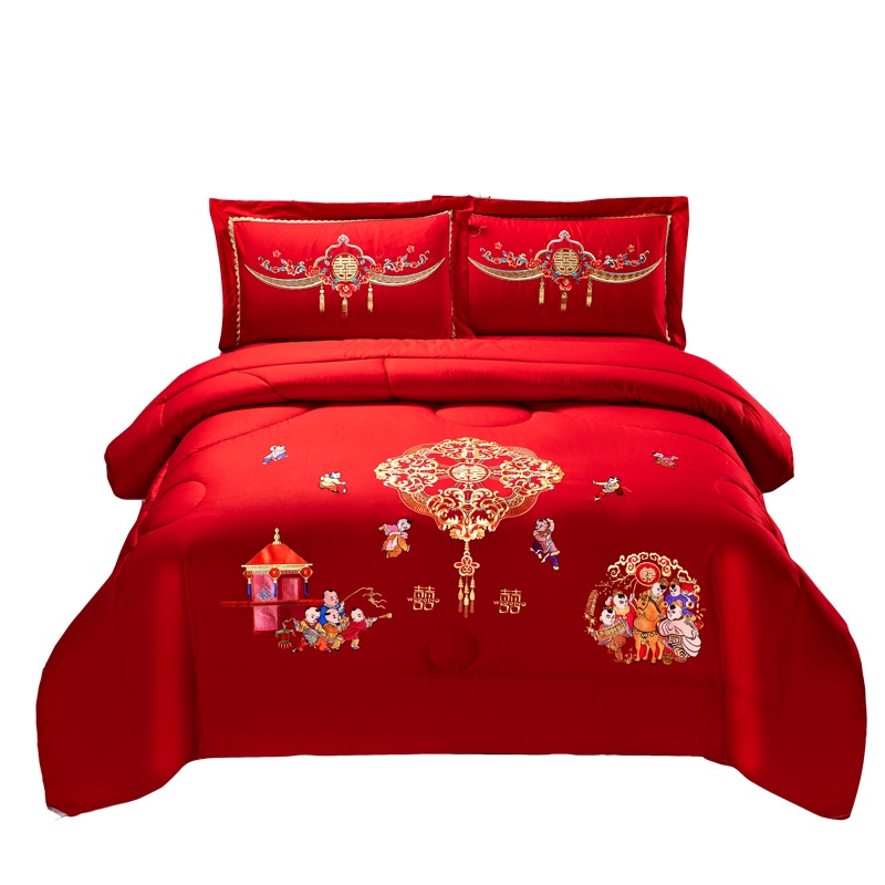 吉岳Giyou全棉婚庆刺绣舒适被 整张羽丝绒填充 不走形不结块婚庆被子