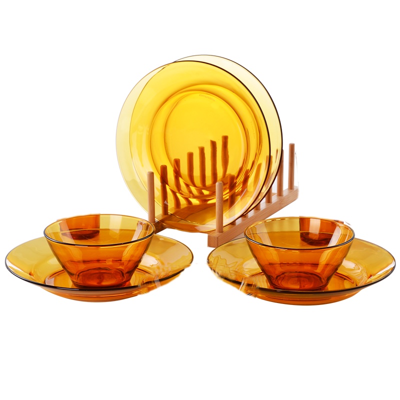DURALEX多莱斯进口钢化玻璃餐具碗碟套装 家用欧式 微波炉适用餐具 简约碗盘6件琥珀色