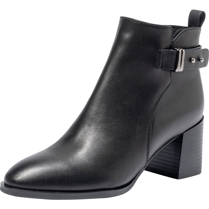 百田森商场同款侧拉链短靴女冬季加绒短筒靴牛皮粗跟方根冬靴女