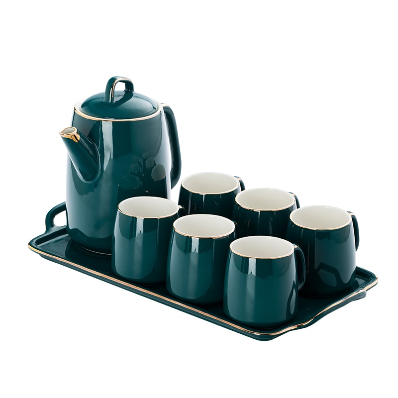 麦可可 北欧轻奢手工描金陶瓷凉水壶耐热茶具简约水具托盘套装水具家用 送礼结婚礼品礼盒(孔雀蓝一壶六杯带托盘)