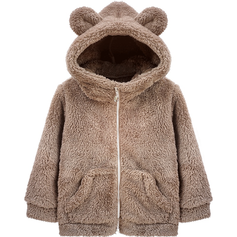 秋季男童女童时尚休闲简约纯色可爱毛毛连帽拉链外套