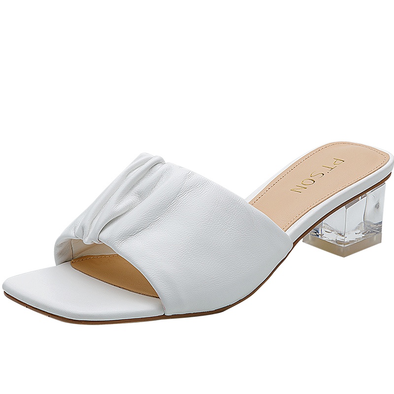 百田森2021夏季新款羊皮褶皱凉拖鞋女时尚透明中跟方头女拖鞋