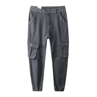 稻草人牛仔裤男2019夏季新品做旧水洗多口袋休闲小脚工装裤男 灰色