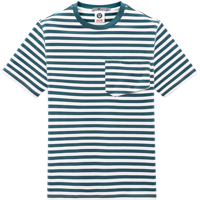 黑鲸不规则口袋条纹短袖t恤2019夏季条纹短t体恤男CNTBJ28235A