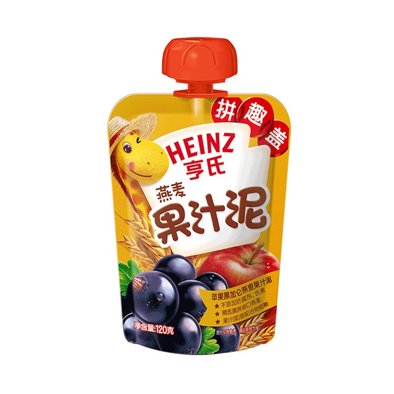 Heinz/亨氏苹果黑加仑燕麦果泥果汁泥120g*4袋 亨氏果泥婴儿果泥吸吸乐 宝宝水果泥辅食宝宝营养零食果汁泥