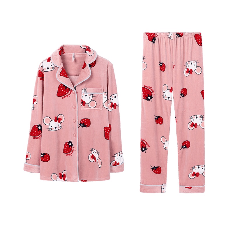 安之伴睡衣女长袖开衫保暖加绒少女家居服卡通水果图案口袋舒适睡衣套装女 浅豆沙 L