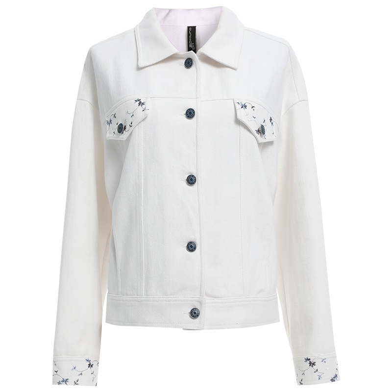 欧昵雪韩版时尚翻领绣花长袖宽松短款外套女休闲夹克