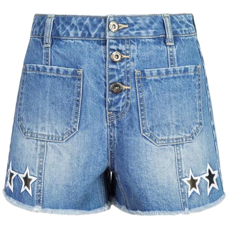 拉夏贝尔新款韩版宽松印花毛边口袋显瘦学生牛仔裤短裤热裤女_200 S 浅牛仔蓝