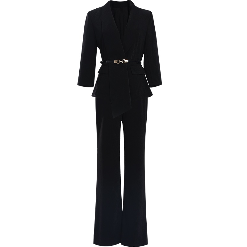 欧昵雪V领七分袖西装外套女修身喇叭裤职业两件套装