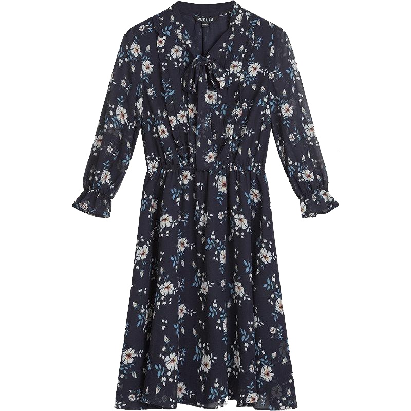 新款拉夏贝尔韩版裙子秋新款高腰显瘦中长款a字碎花气质雪纺连衣裙女20012478