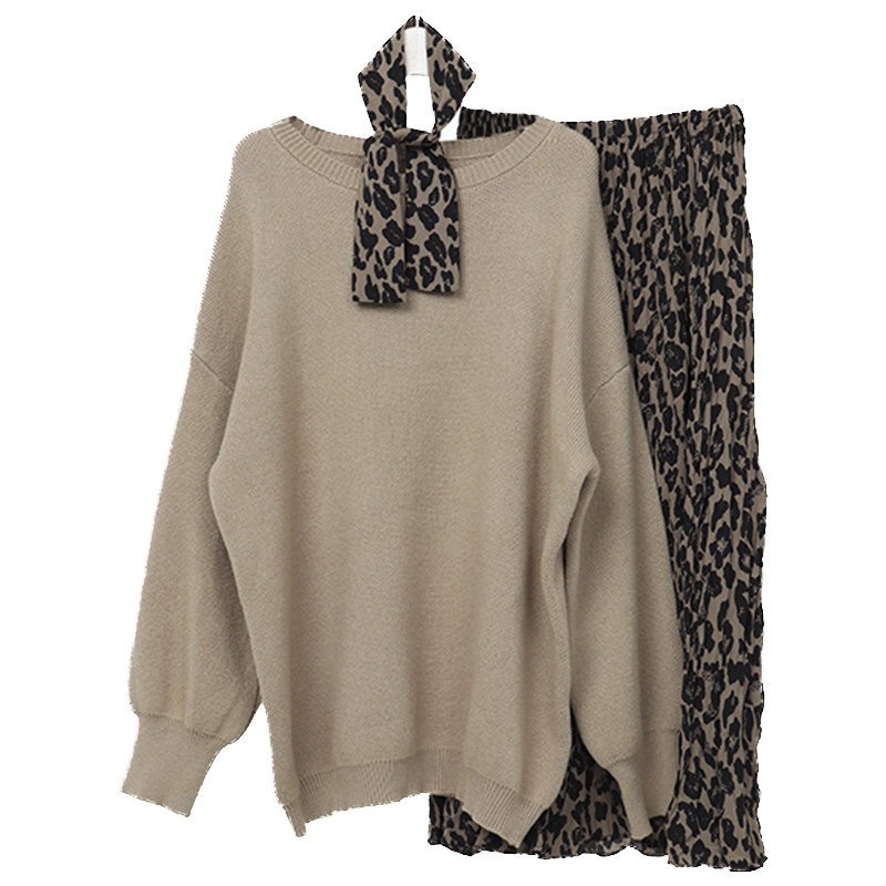 ENJOY'ME女装2019冬季新品优雅配丝巾纯色毛衣浪漫花色连衣裙套装两件套