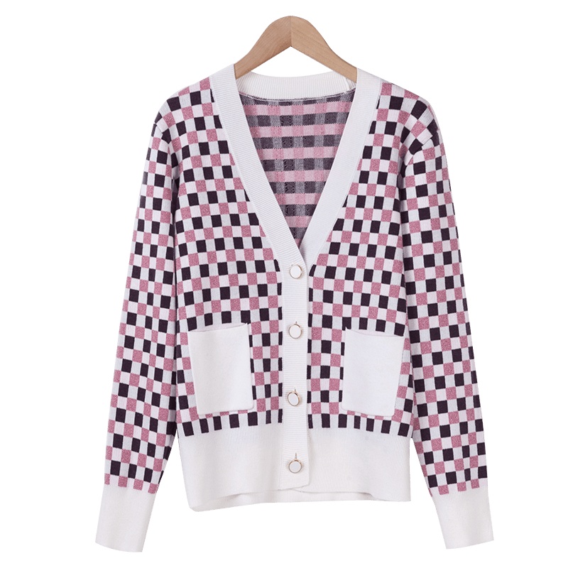 晚白2019秋季新品优雅格子V领长袖单排扣常规款针织衫外套女
