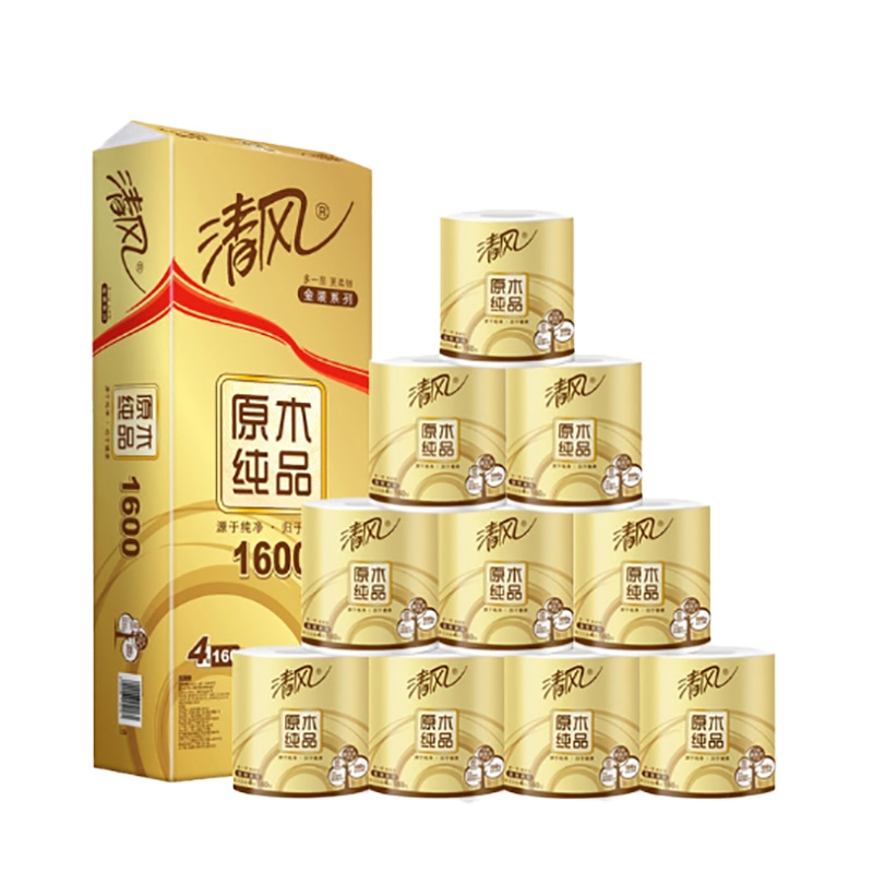 清风卷纸 原木纯品金装系列4层单卷160g/10卷卷纸（提）