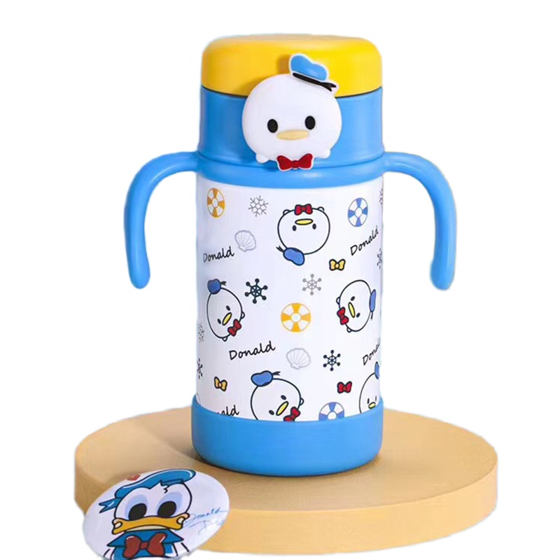 迪士尼儿童卡通带吸管防摔外出携带男女宝宝喝水316不锈钢杯子婴儿保温水壶-蓝色唐老鸭真空保温防喷双耳学饮杯280ml
