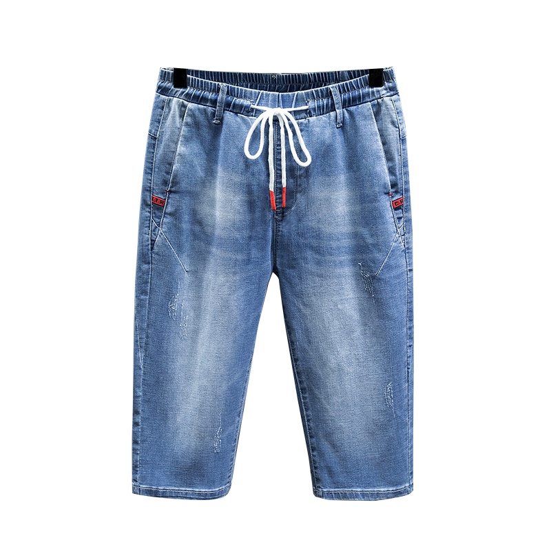 LEEVIRHINO2021年夏季新款大码薄款宽松七分裤男士中青年弹力直筒拉绳松紧腰男士牛仔裤男士短裤男士哈伦裤潮款男装