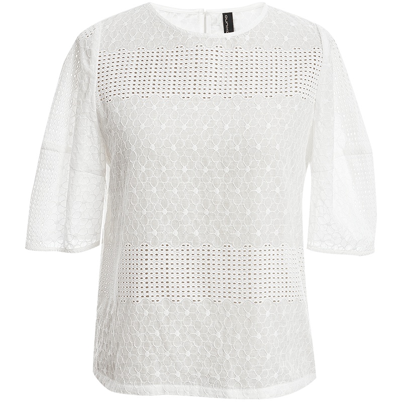 欧昵雪夏季雪纺衫女甜美圆领短袖镂空显瘦白色小衫上衣潮