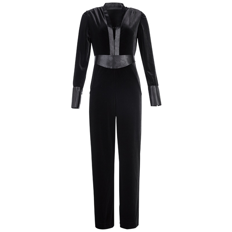 晚白2019秋季新品通勤简约V领长袖收腰显瘦休闲裤阔腿裤连体裤女