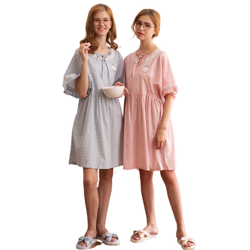 睡裙梭织色织格插花边五分袖女裙