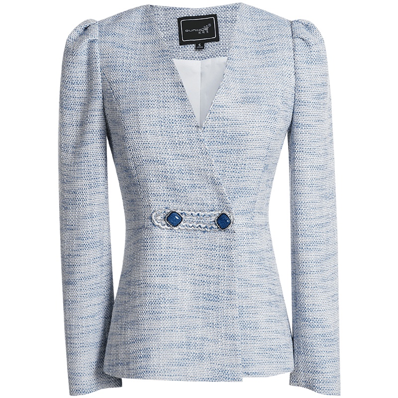 OUNIXUE欧昵雪 | [直筒编织粗纺呢上衣]春秋小香风V领拼接织带修身外套女