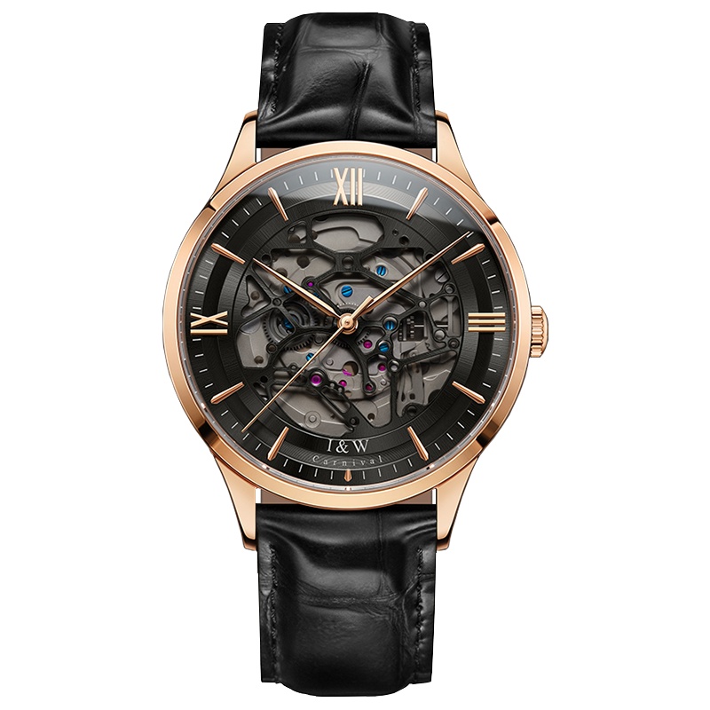 瑞士爱沃驰I&W CARNIVAL全自动机械表 男表真皮时尚镂空进口机芯高端腕表男士休闲防水正品表523G