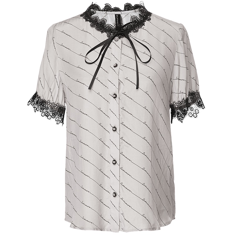 欧昵雪夏季蝴蝶结系带蕾丝花边圆领条纹衬衫女短袖衬衣