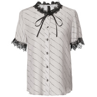 欧昵雪夏季蝴蝶结系带蕾丝花边圆领条纹衬衫女短袖衬衣