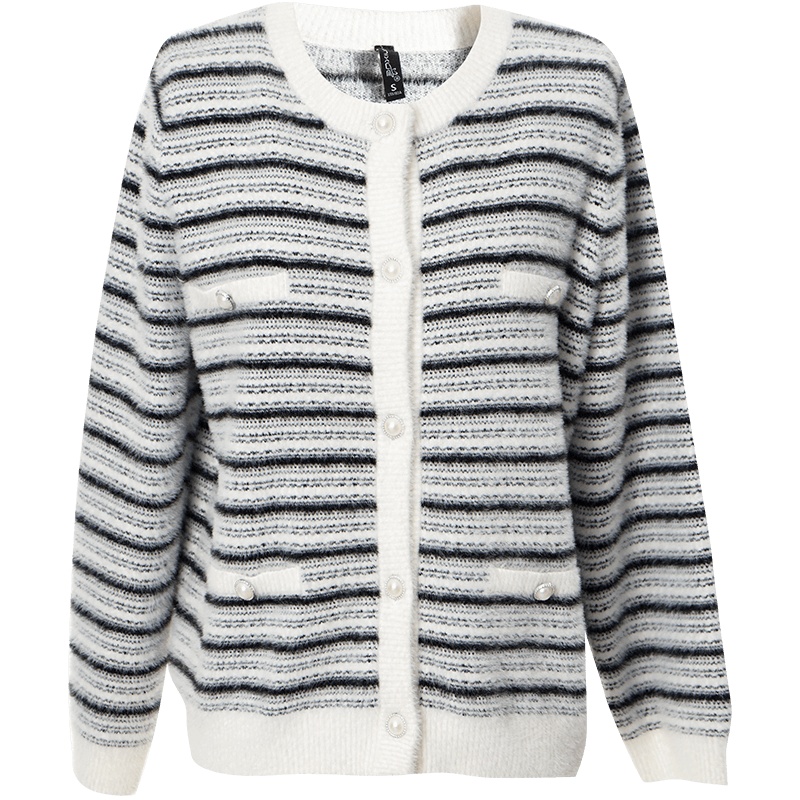 OUNIXUE欧昵雪 | [条纹肌理针织衫]冬季休闲罗纹圆领拼接袋唇装饰毛衣外套女