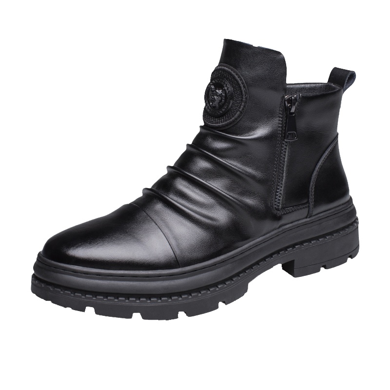 牧伦奴仕(MULUNUSHI)新款马丁靴男士高帮鞋切尔西靴工装鞋二层牛皮(除牛反绒)套脚皮鞋褶皱PU四季男靴黑86236