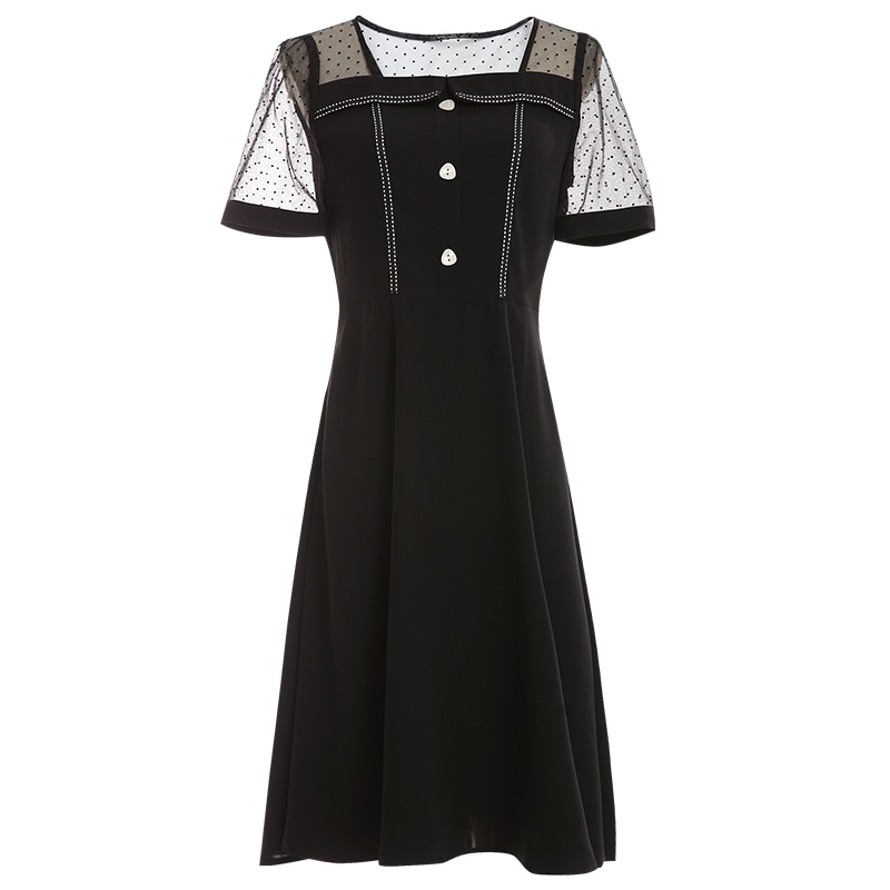 欧昵雪夏季方领拼接波点网纱短袖收腰连衣裙女法式中裙