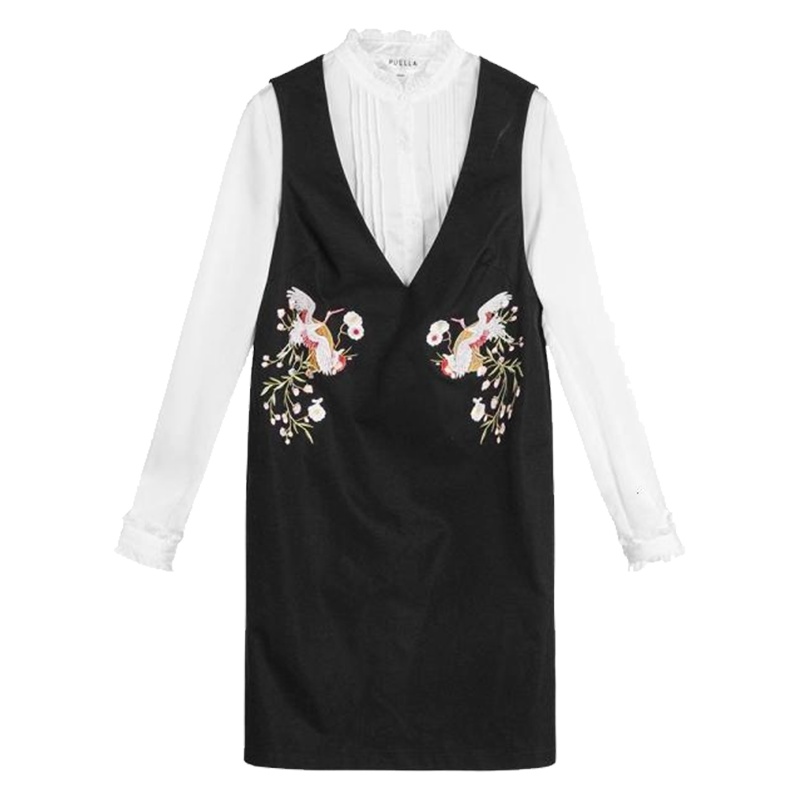 【热卖】法国小众连衣裙2018春装新款长袖雪纺衬衫v领刺绣背带裙两件套女20011655