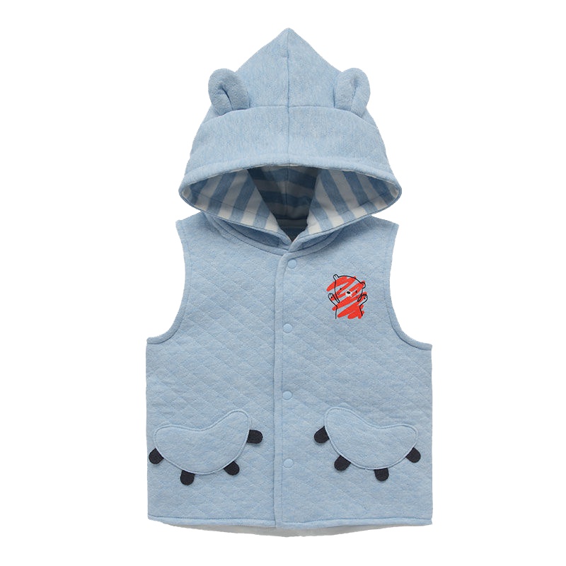 爬爬酷童装秋装2019新款女童宝宝夹丝无袖连帽保暖背心时尚外穿潮浅麻蓝系列