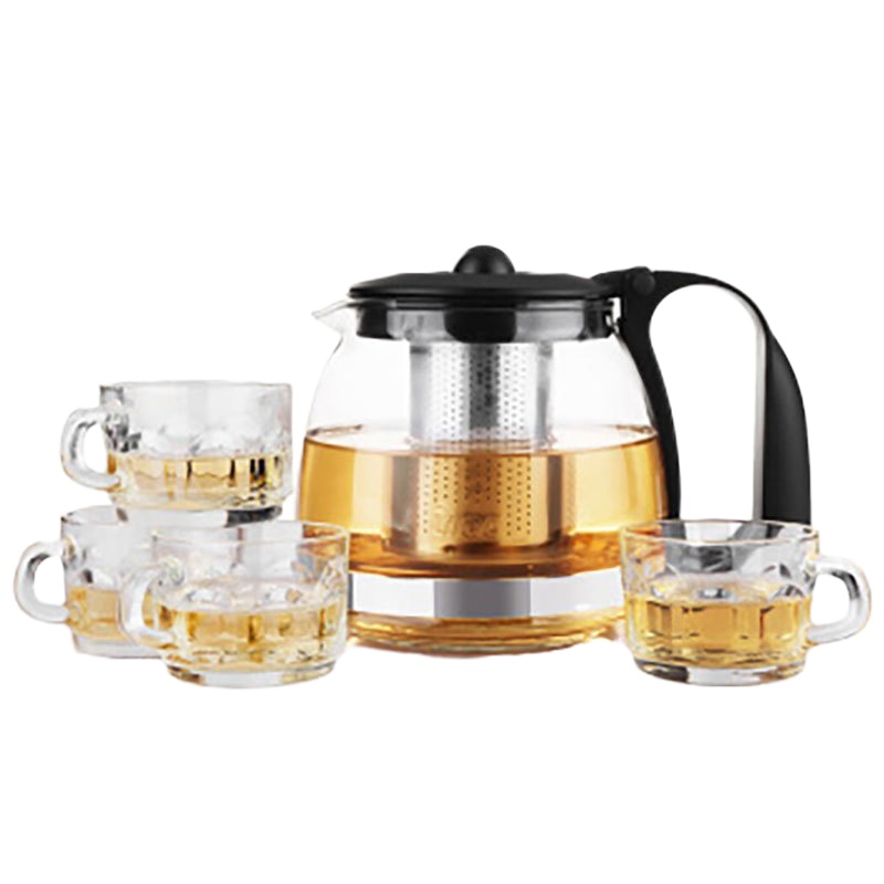 WQMD紫丁香耐热玻璃茶壶不锈钢过滤泡茶器诗彩五件套 1.25L+清心杯*4(S95+配4个BB291/WG85)