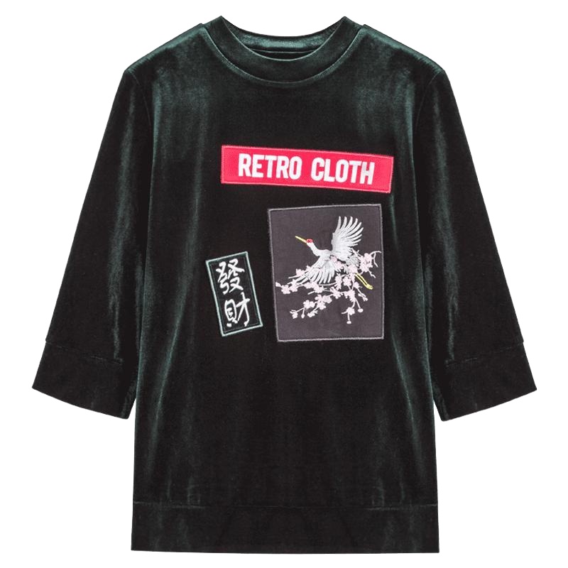 【专柜同款】丝绒七分袖T恤女红色2018春装新款韩版宽松学生港味刺绣短袖上衣20011348