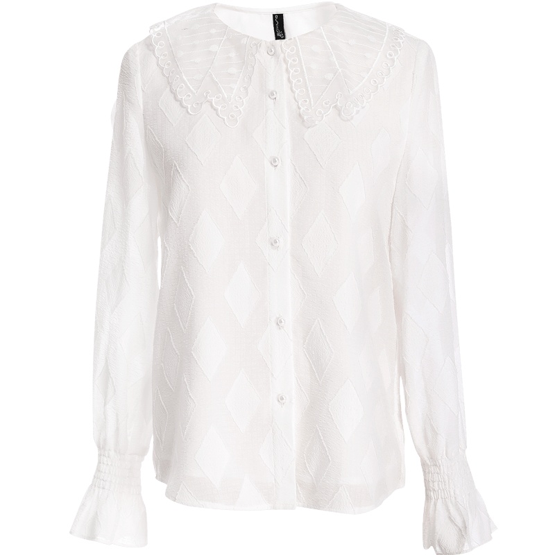 欧昵雪刺绣网纱领白色衬衫女喇叭袖时尚小衫长袖上衣