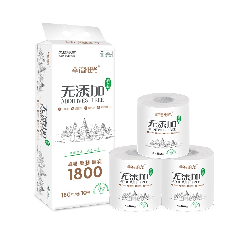 幸福阳光无添加系列有芯卷纸4层180克10卷卫生纸