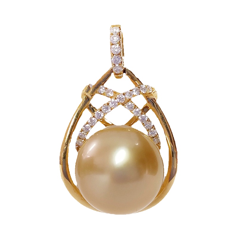 缘源珠宝 天然海水金珍珠吊坠 18K金镶钻石珍珠吊坠 女款 附送证书 不含链