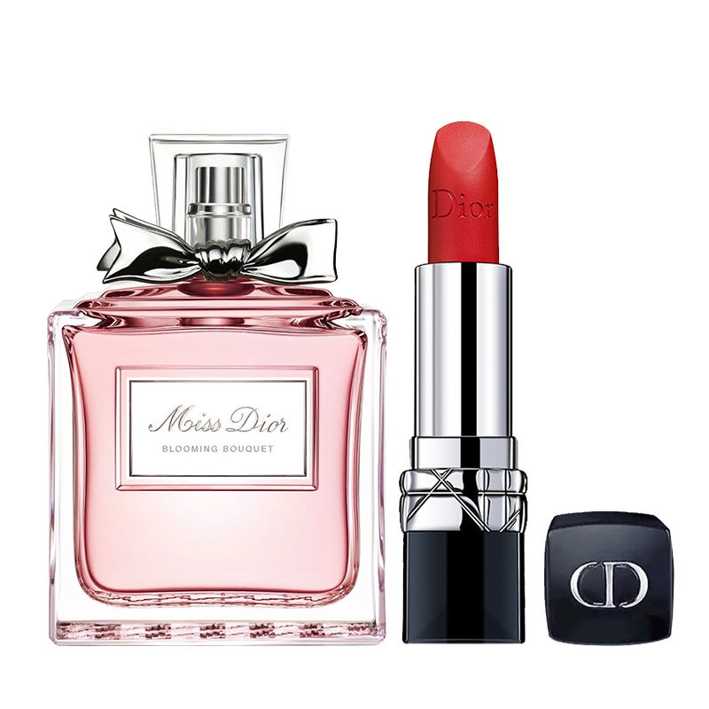 [国内专柜版]迪奥礼盒装 迪奥小姐花漾淡香水50ml+烈艳蓝金唇膏3.5g 999#哑光口红 经典红唇