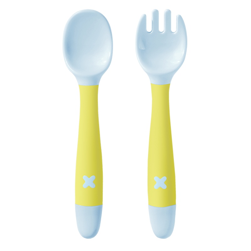babycare宝宝学吃饭训练勺子弯头叉勺套装婴儿辅食勺弯曲儿童餐具-洛克黄