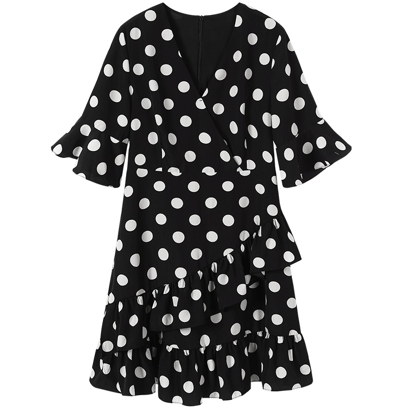 马克华菲女装2019新款夏波点连衣裙复古赫本风喇叭袖连衣裙收腰