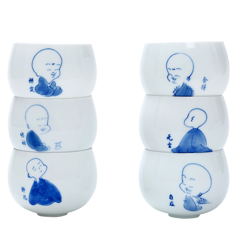 常生源 功夫茶杯 陶瓷品茗杯 手绘茶具套装 单杯主人杯6款图案各一个 禅心(小和尚)茶杯6只装