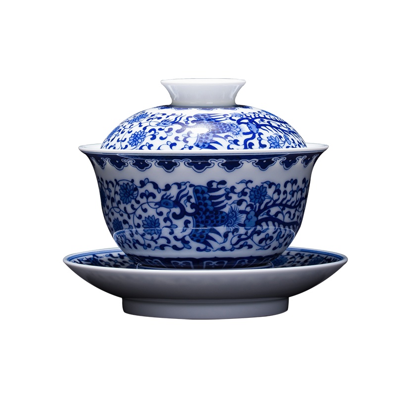 景德镇陶瓷凤凰穿花纹陶瓷手绘青花三才盖碗茶杯可收藏泡茶碗历代经典收藏级茶器明式风格