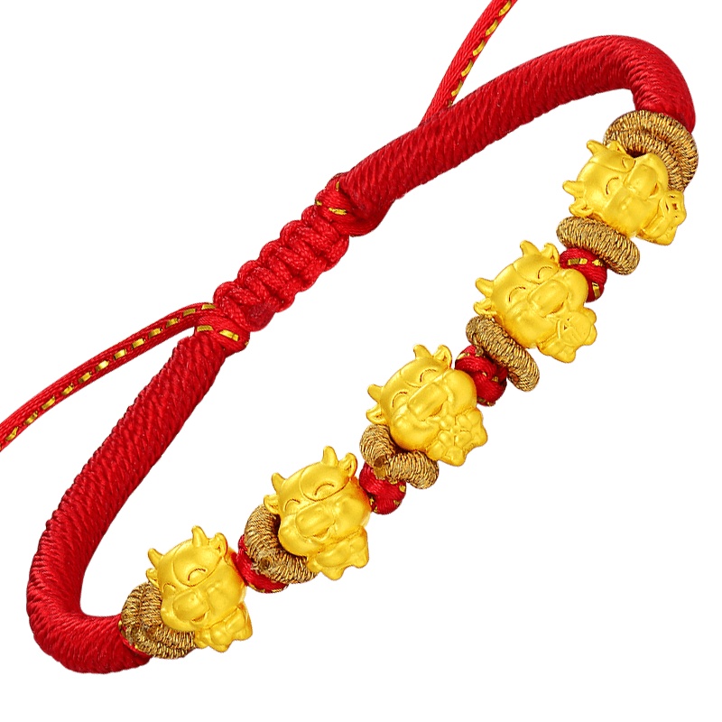 蒂蔻 本命年生肖牛气冲天五福牛黄金转运珠手链男女款编织红绳拉伸款3D硬足金牛年手饰新年礼物