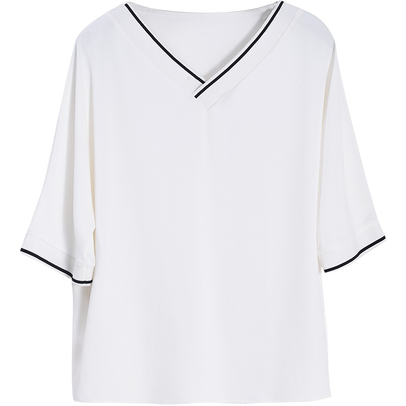 娅丽达女装2019夏季新款白色雪纺衫女宽松七分袖V领纯色女士小衫I6104