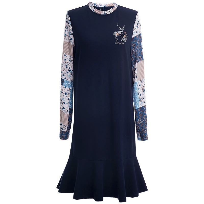 OUNIXUE欧昵雪 | [假两件鱼尾裙]花边立领直筒裙子拼接印花长袖连衣裙女