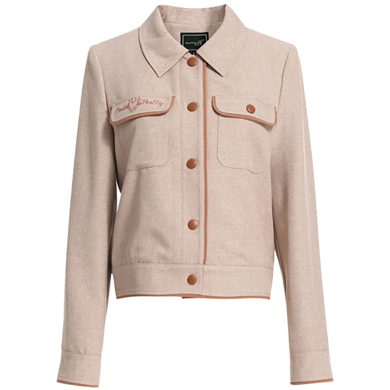 欧昵雪韩版字母绣花双口袋翻领短款外套女长袖夹克