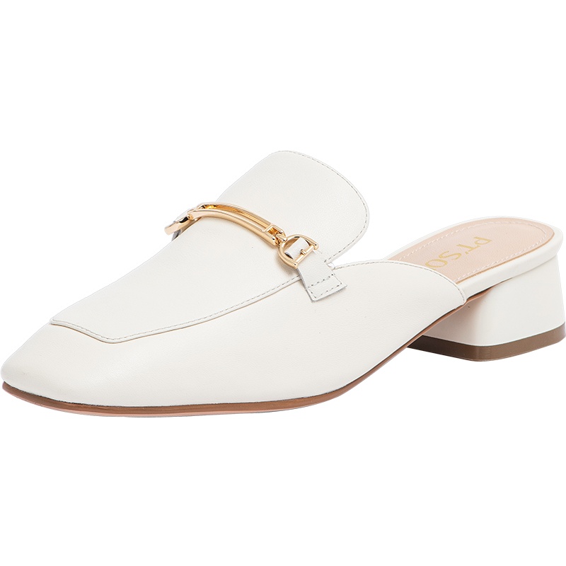 百田森春季新款包头半拖鞋女外穿穆勒拖中跟头层真牛皮懒人鞋